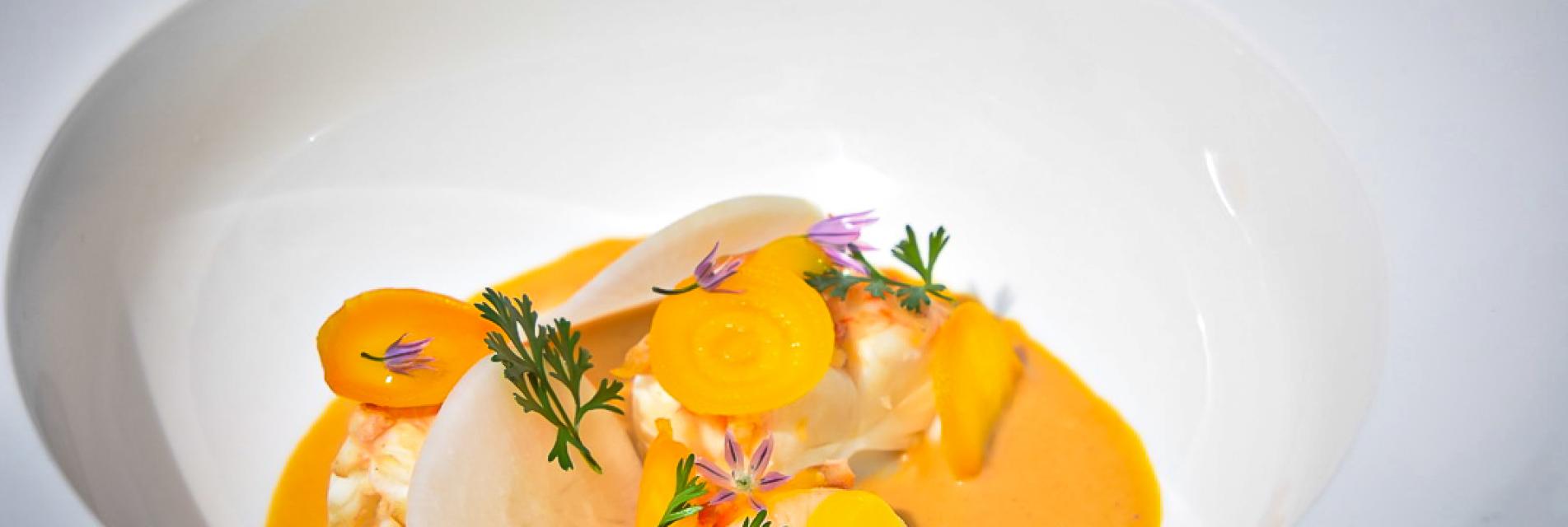 Kaikoura Crayfish Laksa, Baby Golden Beetroot, Kohlrabi and Orange Gel 